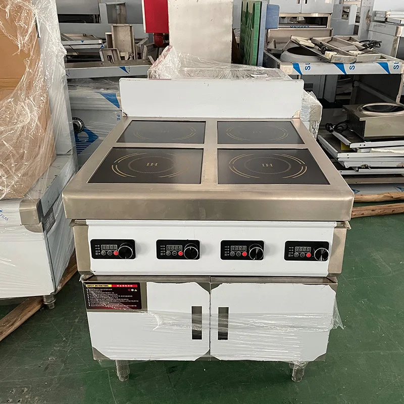 Commercial cabinet-style round four-head electric ceramic claypot cooker with scheduled timer and high power