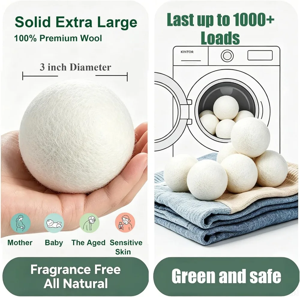 XL Wool Dryer Balls 6-Pack, 100% New Zealand Wool, Reusable Fabric Softener, Cut Drying Time, Reduce Wrinkles Lint & Pet Hair, Hypoallergenic Quiet Laundry Balls