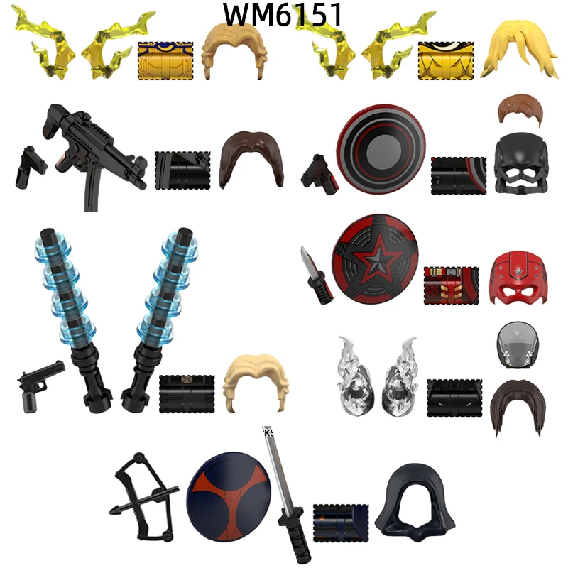

Палочка Щит Меч Лук Стрела Нож Фигурки Оружие Брюки Запчасти для волос Модель Блоки MOC Набор кирпичей Подарки Игрушки WM6151