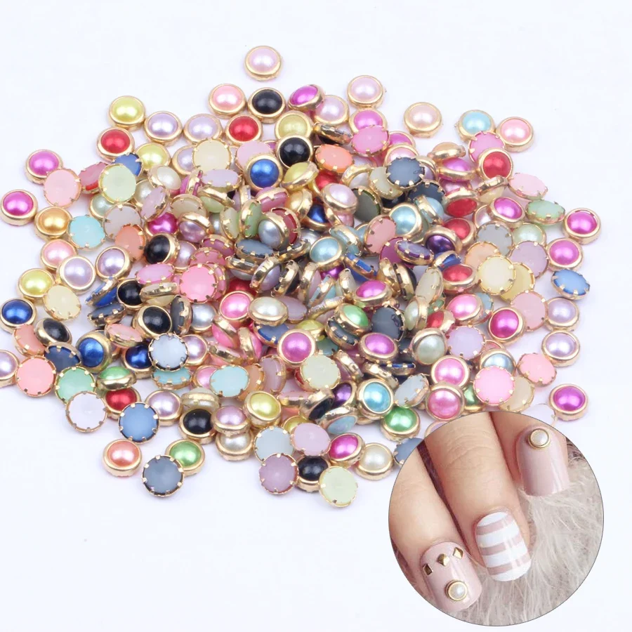 Perles nacrées 3D pour Nail Art, 200 pièces, couleurs assorties, taille 4mm, breloque pour bricolage, décorations d'ongles, fabrication de bijoux