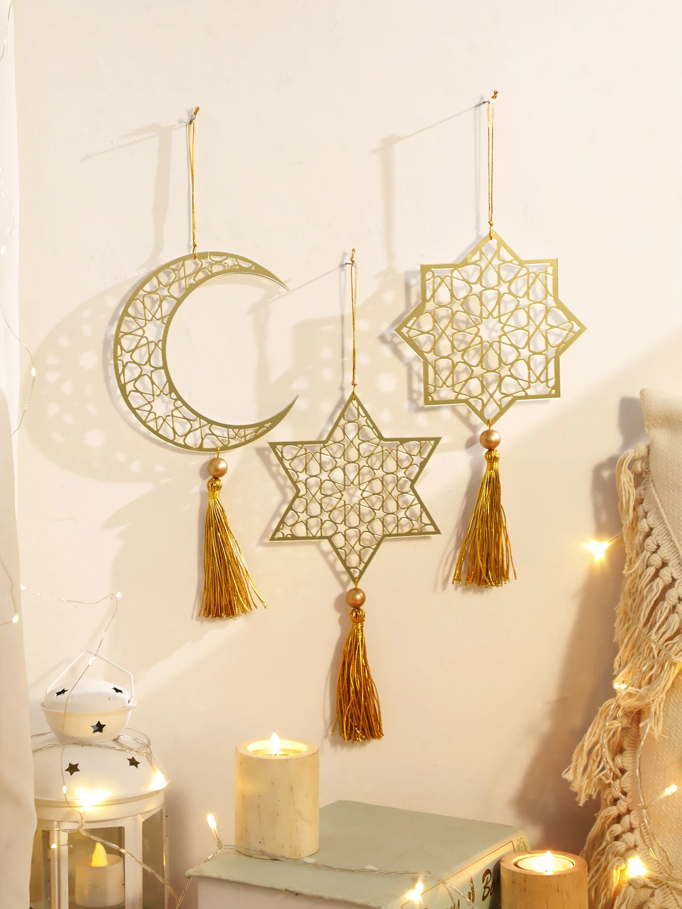 1/3Pcs Acrylic Ramadan Hanging Ornaments With Tassels ,Eid Mubarak muslim decor Ramadan Kareem，Gold Moon Ornaments Crafts Gift