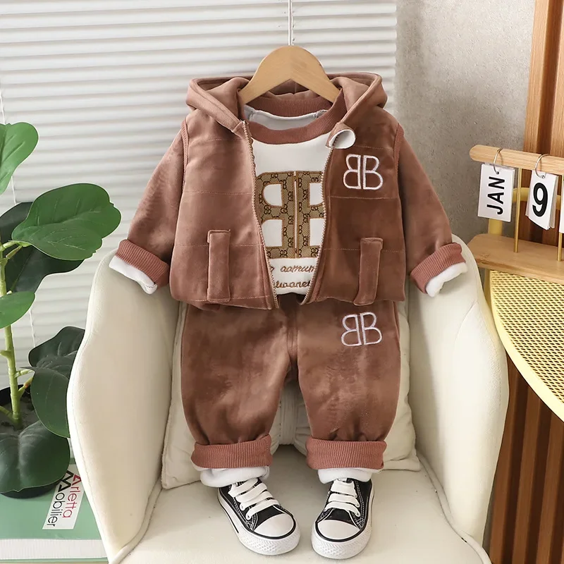 New Autumn Winter Warm Boys Girls Clothing Set Letter B Lined With Velvet Hooded Vest+ Shirt + Pants 3Pcs Suit For Kids