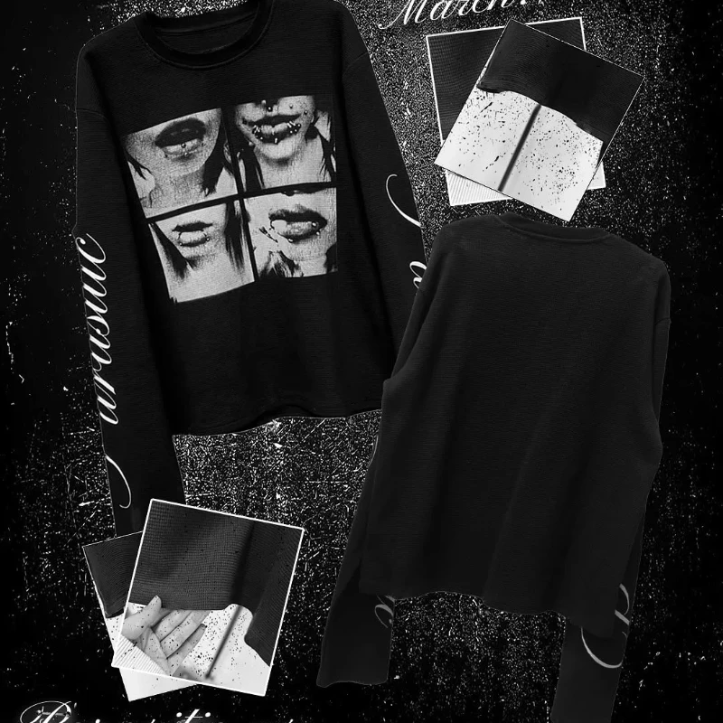 2000s Punk Retro Hip Hop Street Cool Letter Printed T-Shirt Fashion Round Neck Long-Sleeve Casual Sport Couple Versatile Top 90s