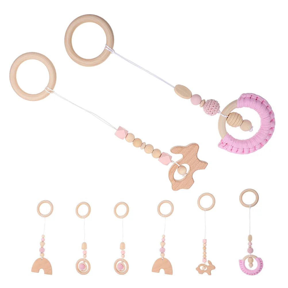 

2Sets Baby Play Gym Wooden Hanging Pendants Adjustable Height Newborn Fitness Frame Infant Crib Stroller Decoration