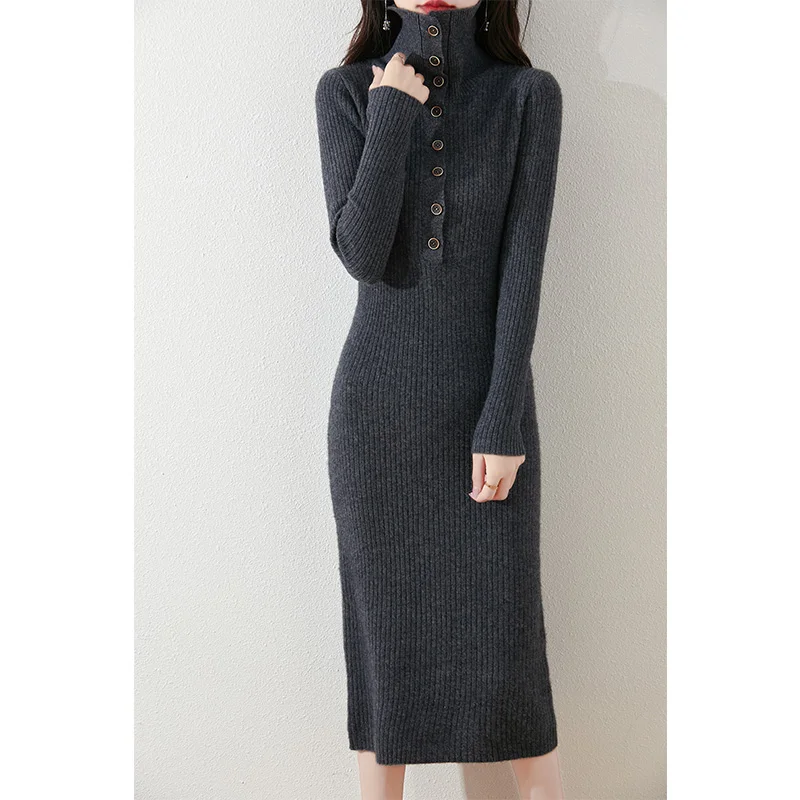 2024 Autunmn/Winter Loose High Collar Dresses Casual Women\'s Dresses On Offer Clearance Free Shipping 100% Wool Knitted Jumpers