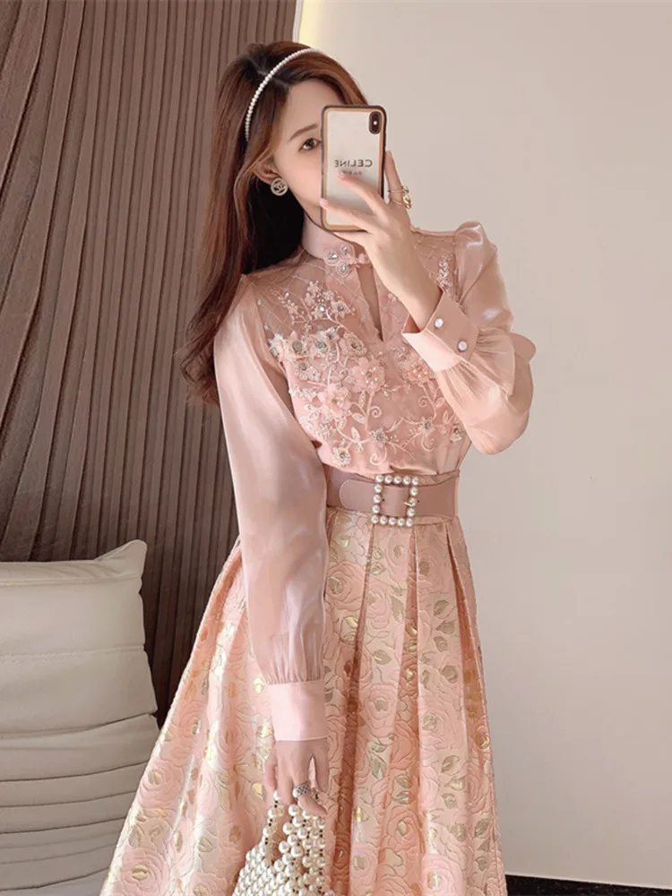 Elegant Pearls Beading Pink Blouse Shirt + Belt Floral Jacquard Midi Skirt Suits OL Embroidery Flower 2 Piece Set Women Outfits