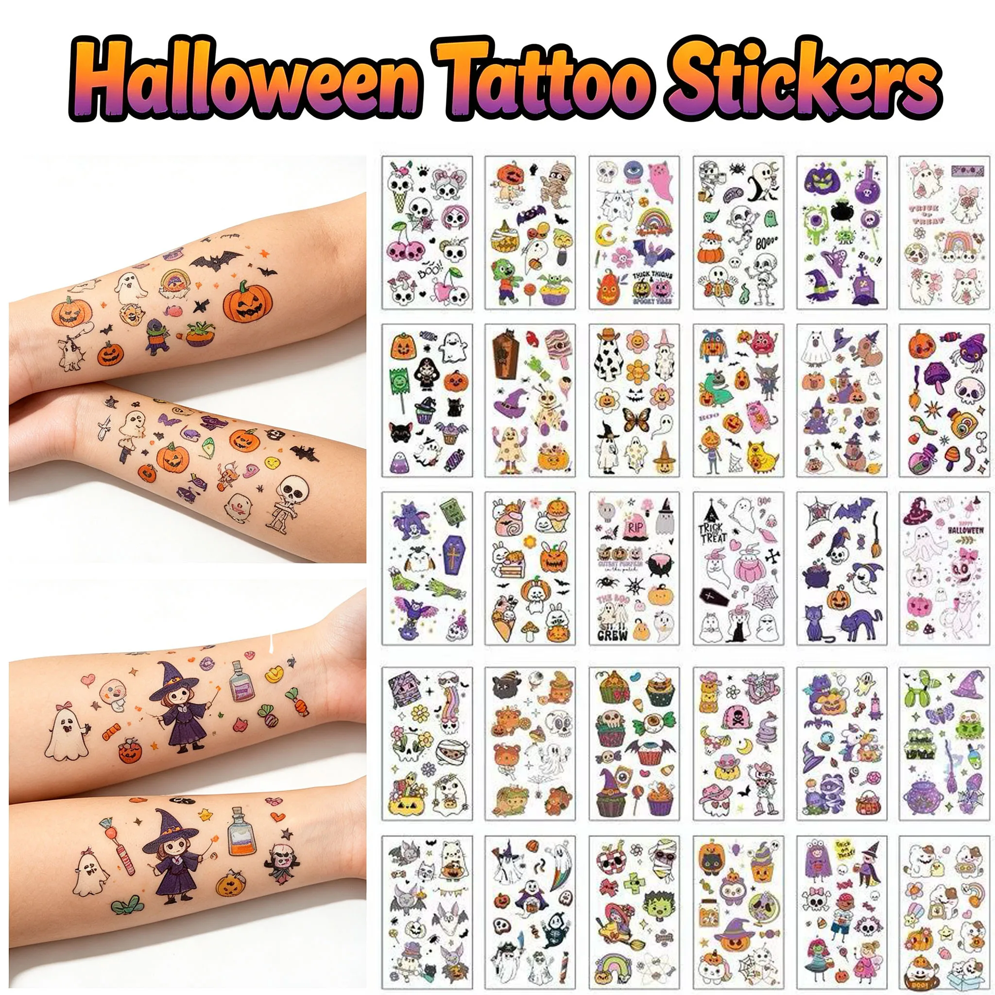 Halloween Temporary Tattoo Stickers Cute Waterproof Cartoon Pumpkin Ghost Face for Party Decoration