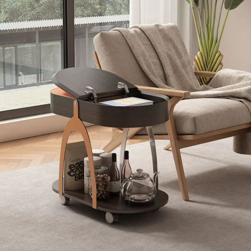 Side table removable saddle leather trolley storage Italian minimalist