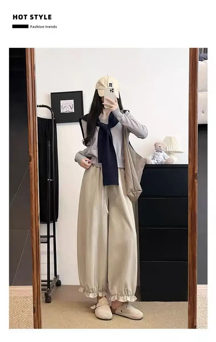 Wide Leg Pants Gym Womens Autumn Flannel Pleated Sólido Minimalist Office Classical Banded Waistband Knitted Softshell Basic OL