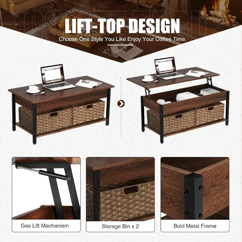 Table basse avec compartiment de rangement GNE et 2 paniers en rotin, table centrale rétro avec élévateur en bois et métal, 41.7 po