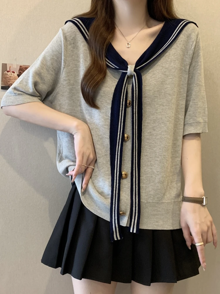 

Naval Collar Short Sleeve Ice Silk T-Shirt Women's Summer Large Size Base Knitted Sweater Plump MM Slimming Small Fragrance S...