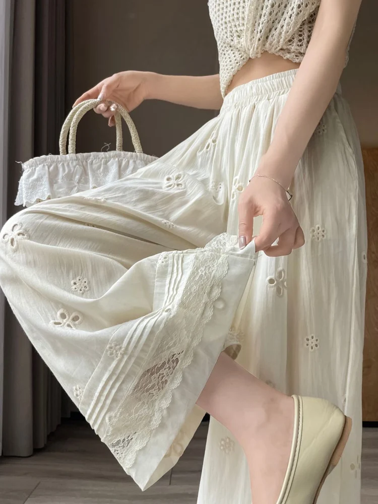 Korean Style Casual Loose Wide Leg Vacation Pants Women Summer Hollow Out Embroidery Lace Patchwork Long Pants