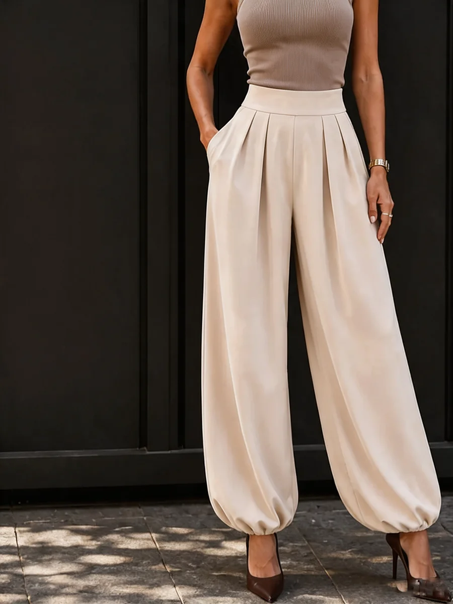 Chic Women Pleated Balloon Pants High Rise Wide Waistband Baggy Trousers with Elastic Cuffs Black Brown