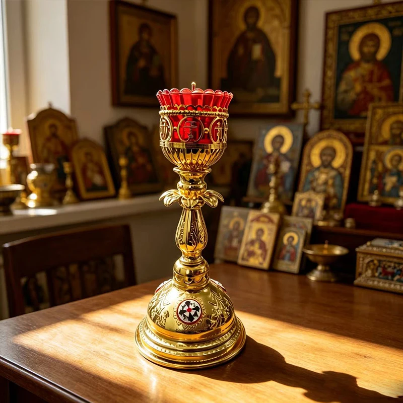Orthodoxe Vigil-Lampe mit Rotem Glas und Goldmetallständer, 11,6 Zoll, Verzierter Kerzenhalter für Heimaltar, Christliche Dekoration, Geschenk – Detail 3