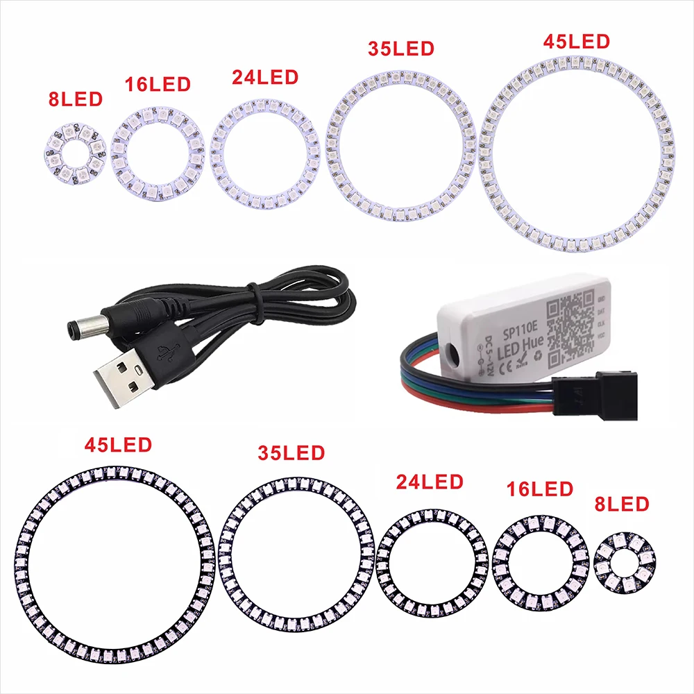 WS2812 Addressable RGB LED Ring Kit DC5V USB SP110E Bluetooth APP Controller 8/16/24/35/45LED Circle Light