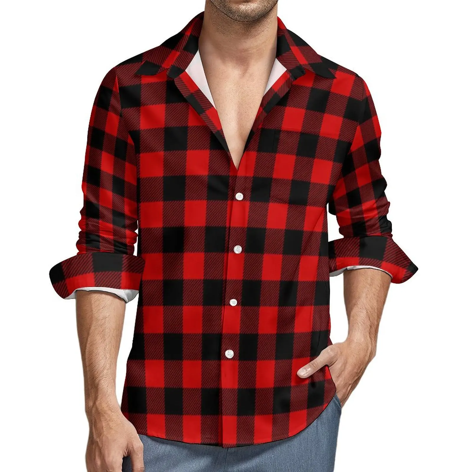 

Black Red Plaid Shirt Autumn Vintage Check Casual Shirts Men Novelty Blouse Long Sleeve Korean Fashion Tops Plus Size 3XL 4XL