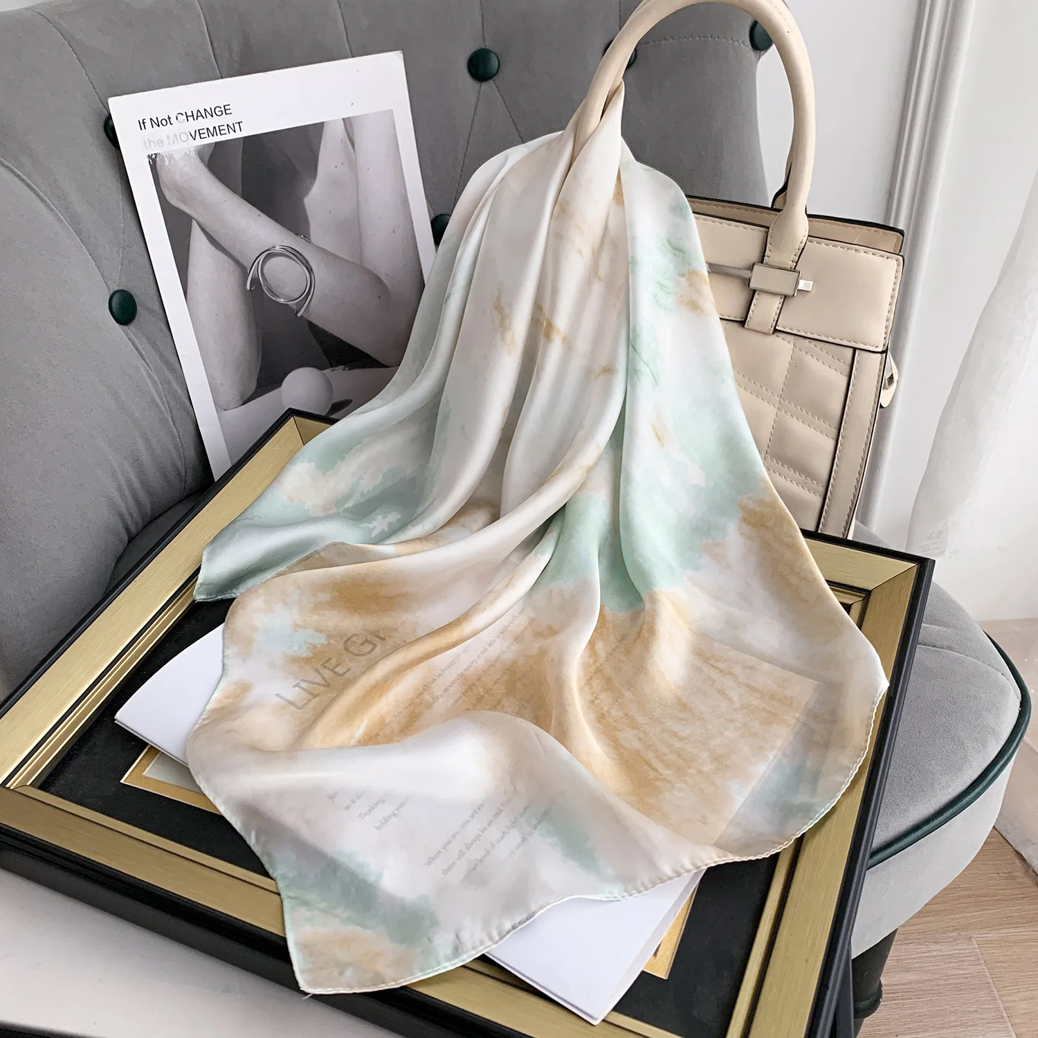 Silk Satin Square Scarves for Women Elegant Shawl Print Hijab Female Bandana Luxury Brand 70*70cm