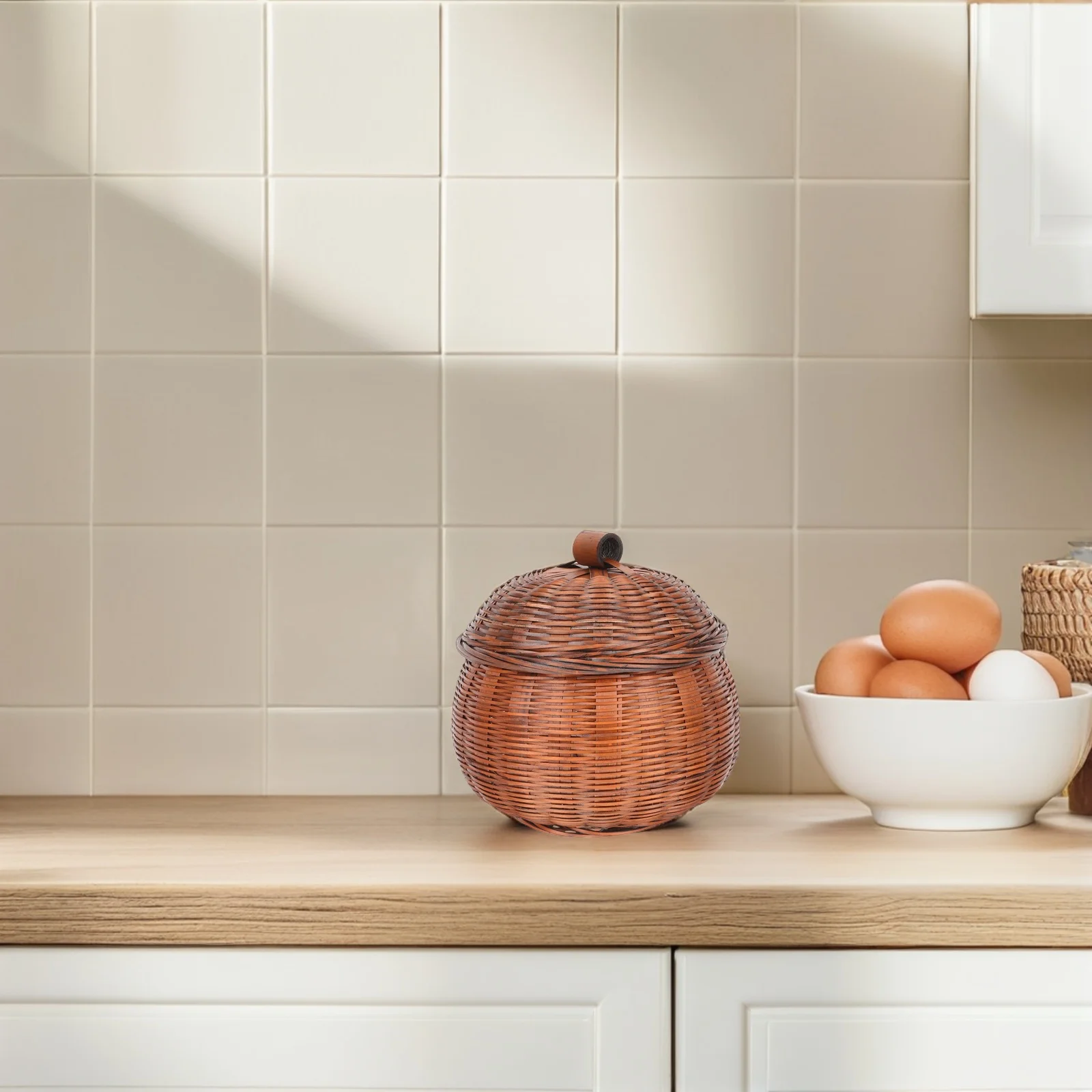 

Pumpkin Basket with Cover Large Storage Baskets Egg Countertop Wicker Fresh Eggs Fruit Kitchen Organizer Retro Wear Resistant