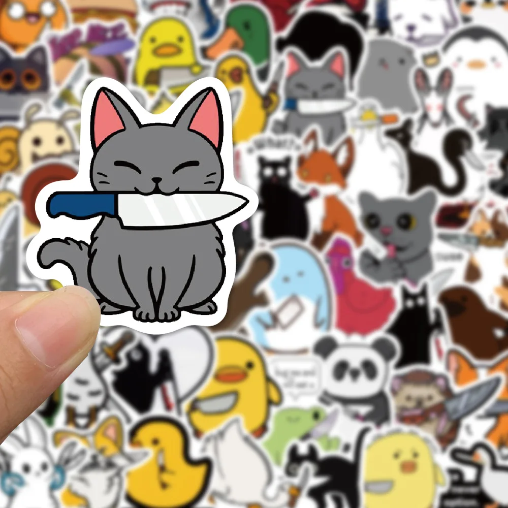 60PCS Cartoon Animal with Knife Cute Stickers Funny Duck Frog Cat Decal Kid Toy Gift DIY Fridge Luggage Skateboard Car Sticker