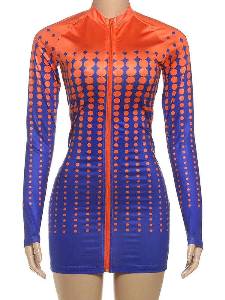 Kliou gradiente carta impressão mini vestido mulher outono tendência zip cardigan manga cheia magro estiramento rua sexy moda bodycon