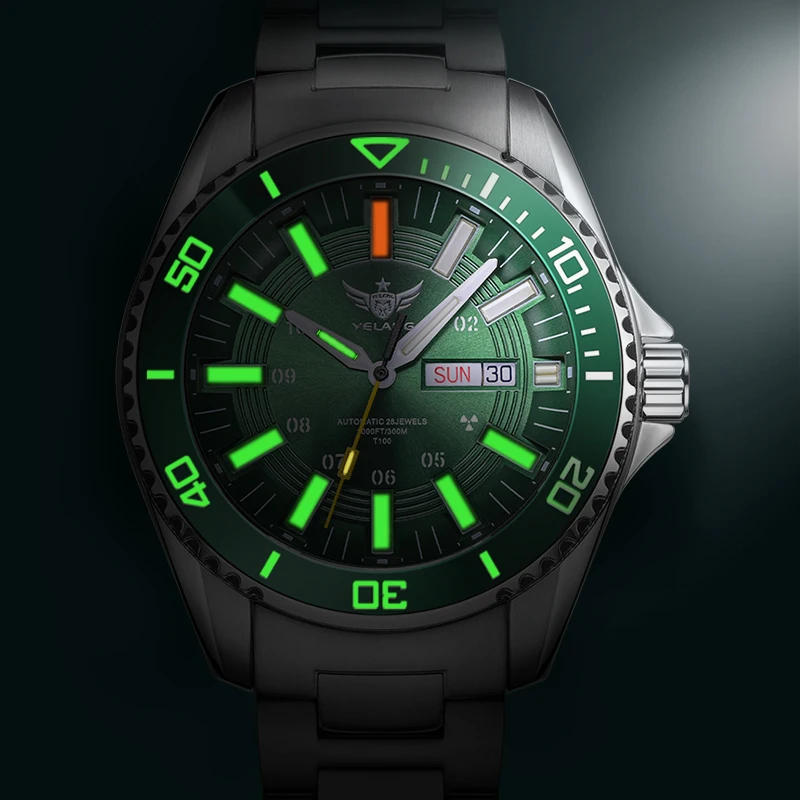 Yelang V1032 44mm Gas Glow Green Water Ghost Japan NH36 Fully Automatic Mechanical Watch 30Bar Super 300m Waterproof Reloj