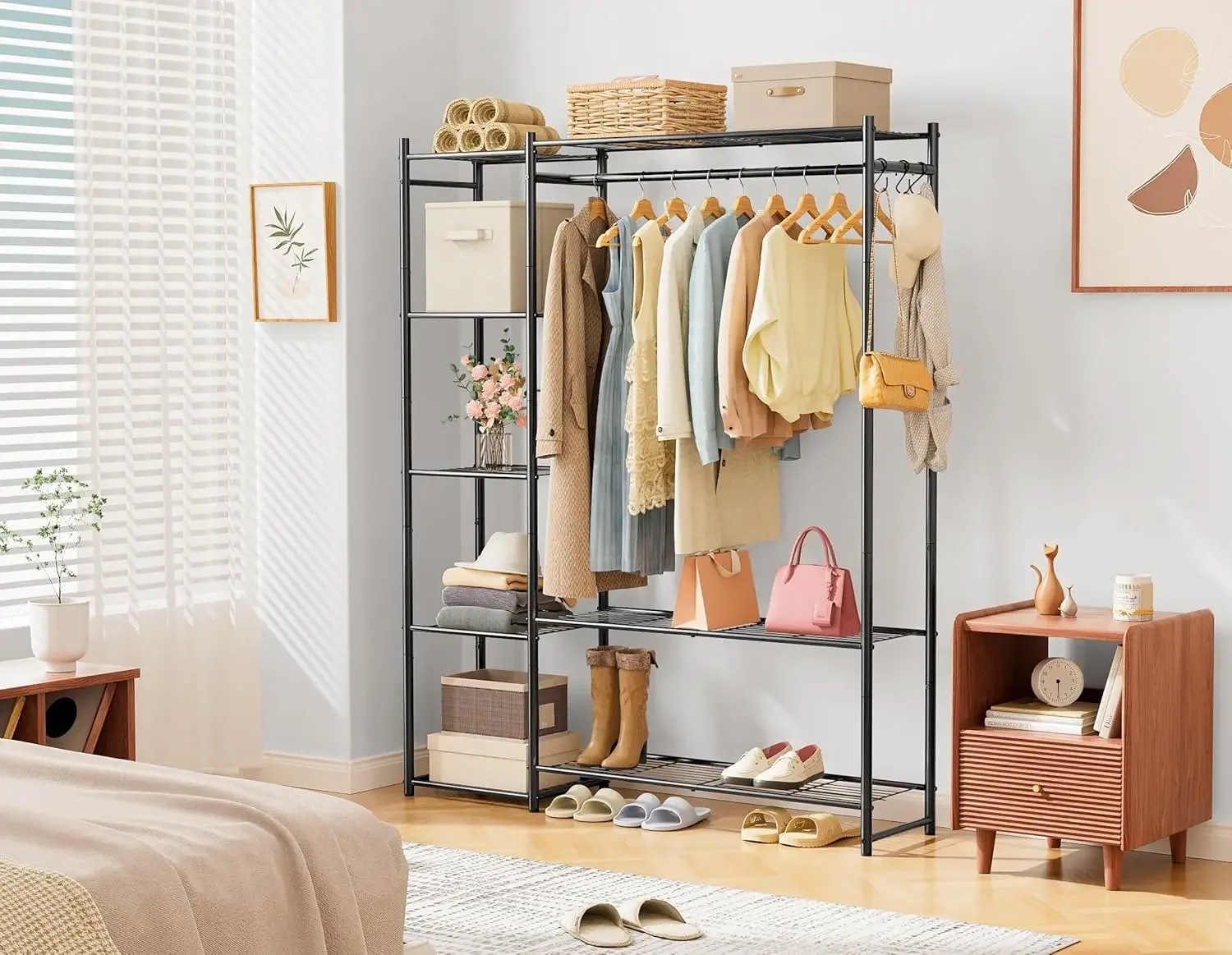 Wardrobe Closet,Portable Clothes Rack with 4 Tiers Shelves,Freestanding Closet Organizers and Storage System with Hanging Rods,