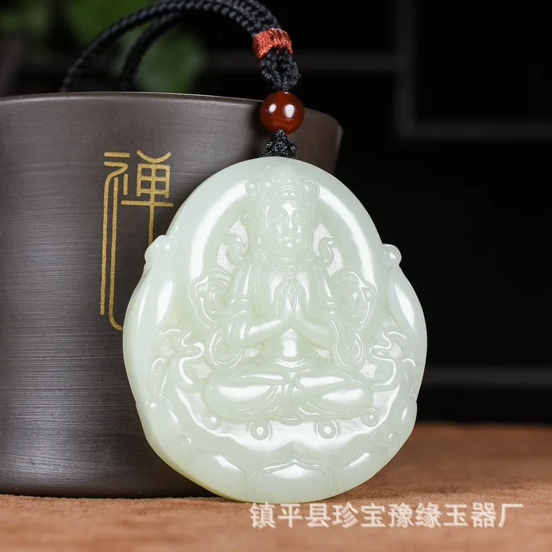 

Двусторонний нефритовый кулон-амулет из натурального белого нефрита Хэтянь с Гуаньинь, молящейся на две руки, для мира и благополучия