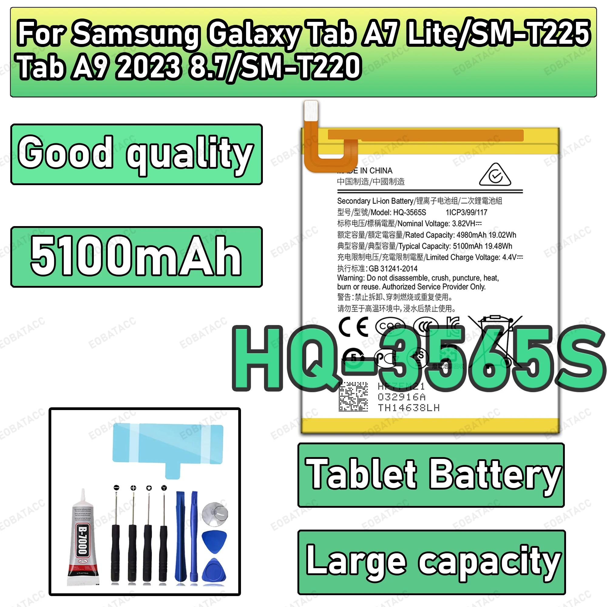 

100% New Zero Cycle HQ-3565S Battery For Samsung Galaxy Tab A7 Lite/SM-T225/Tab A9 2023 8.7/SM-T220 Bateria +Free Tools