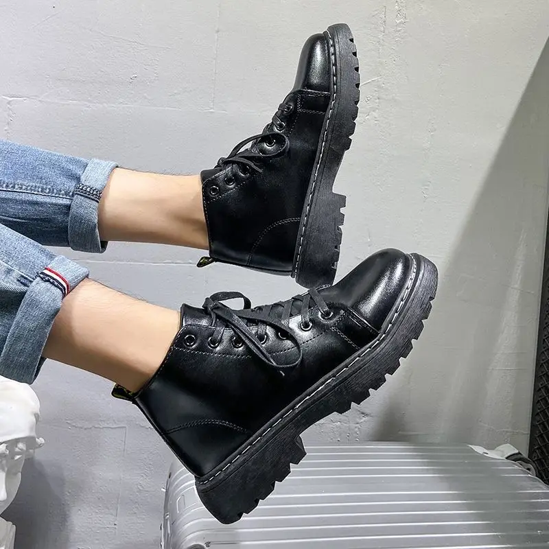 Men's Winter High Top Leather Boots Warm Plush Lined Casual Black Fashion Trend Shoes Autumn Korean Style Ankle Boot