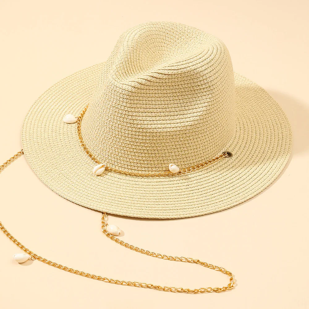 Ins Paper Straw Sun Hat for Women, Flat Brim Fedora with Shell Chain, Wide Brim Beach Panama Hat