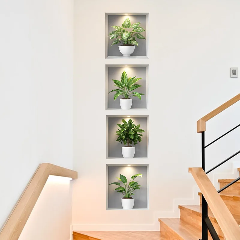 4 Uds. Pegatinas de pared de plantas en macetas de plantas verdes tropicales para dormitorio, sala de estar, entrada, porche, pegatinas de decoración de pared del hogar