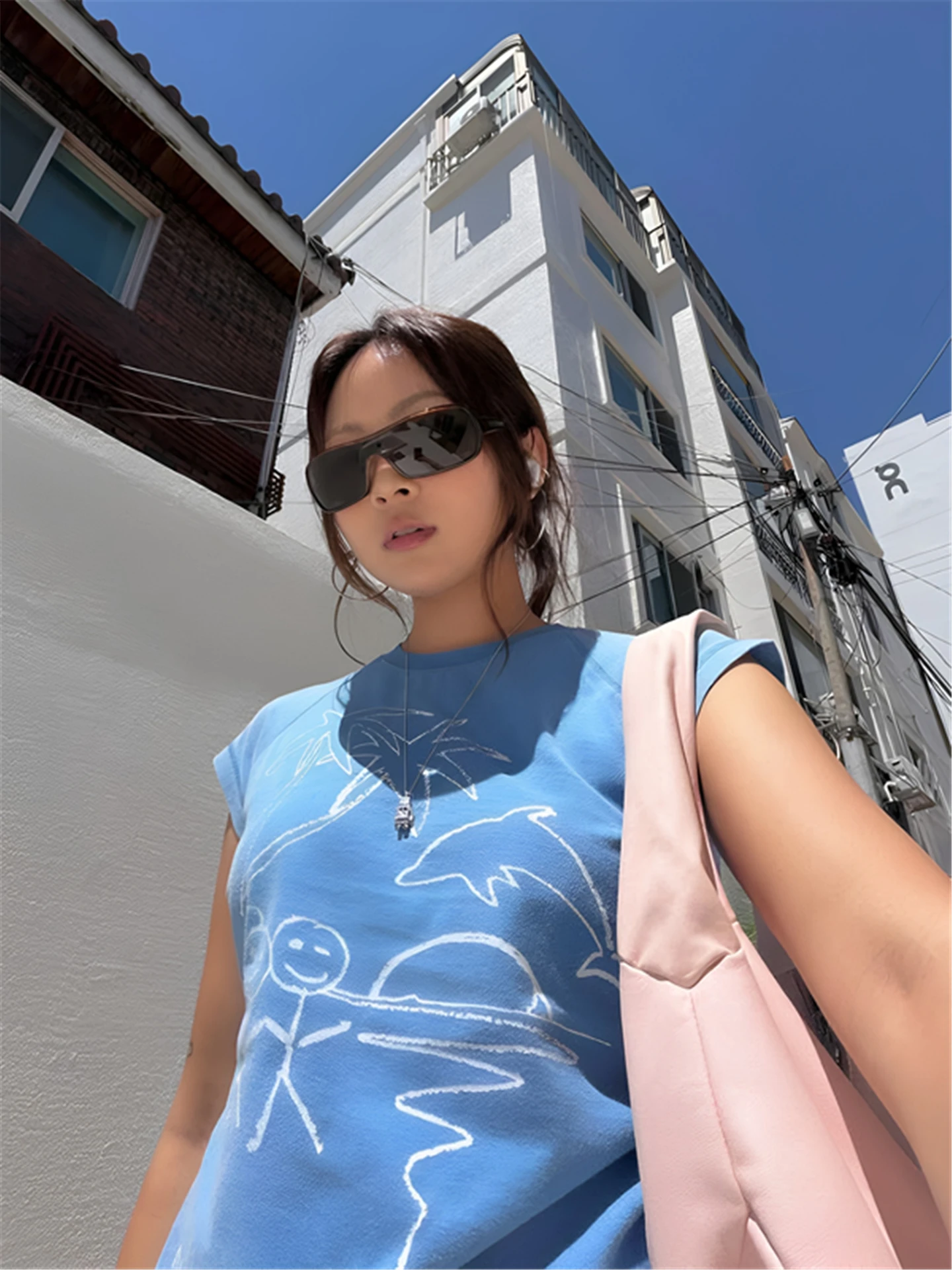 American Style Retro Blue round Neck Printed Short Sleeve T-Shirt Women's Summer Slim Fit Casual Short Design Top