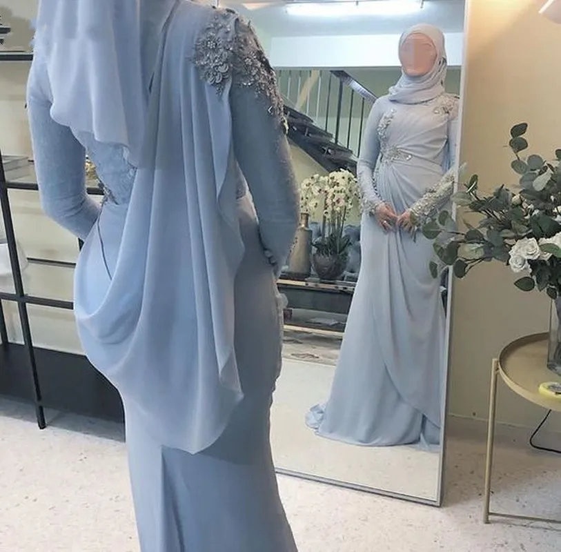 Dubai Kaftan ชุดราตรีทางการแขนยาวสไตล์อาหรับชุด2023งานพรอมผ้าชิฟฟอนสีฟ้าอ่อนประดับด้วยลูกปัดผ้าชีฟอง