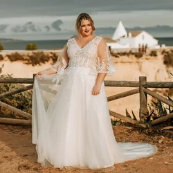 Classic Wedding Dresses Plus Size Women V-Neck Three Quarter Sleeves Bride Gown Tulle With Applique A-Line فستان حفلات الزفاف