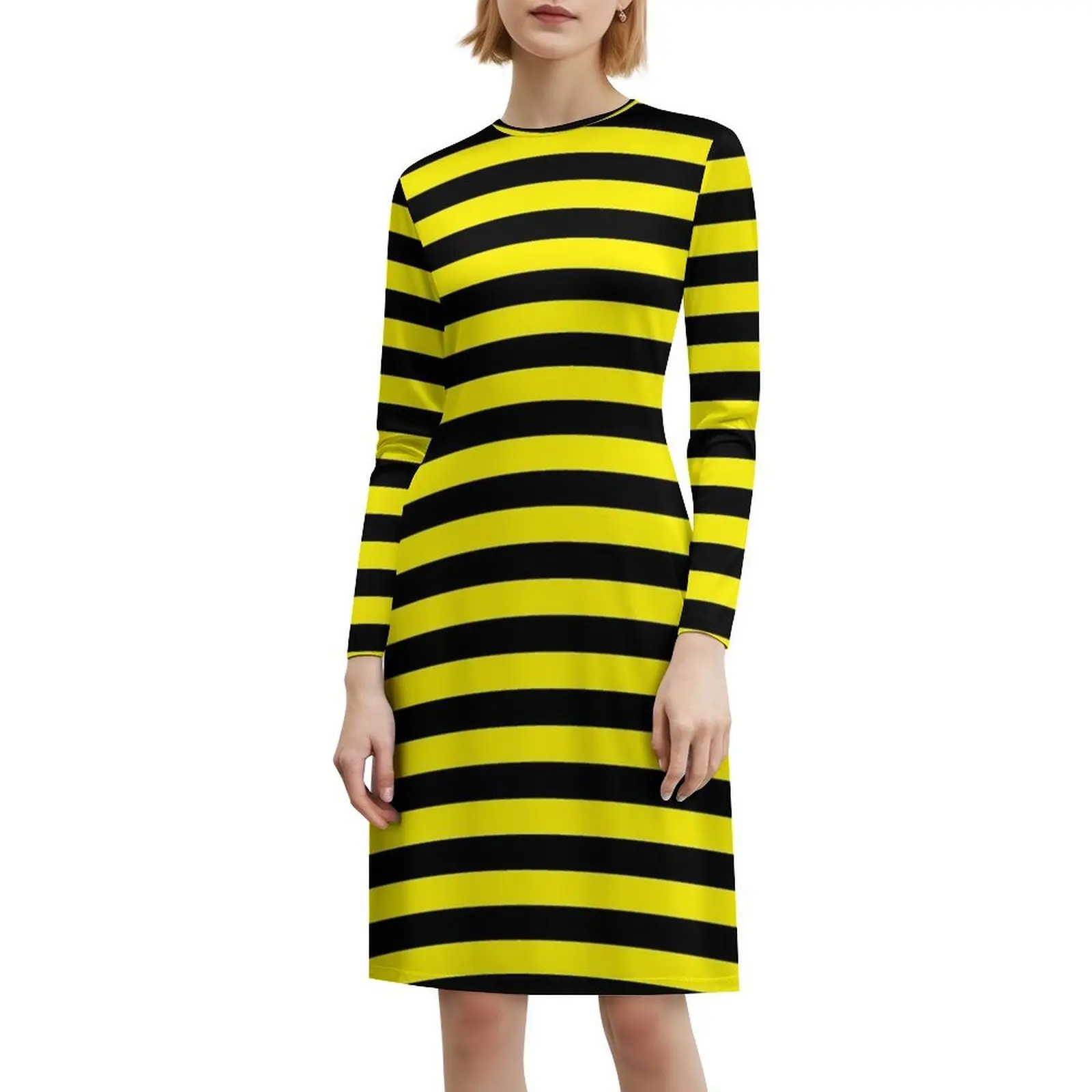 فستان ليموني أصفر وأسود بخطوط أفقية مزين بالزهور للنساء للربيع والصيف فستان كاجوال للحفلات باللون الأصفر الليموني #6