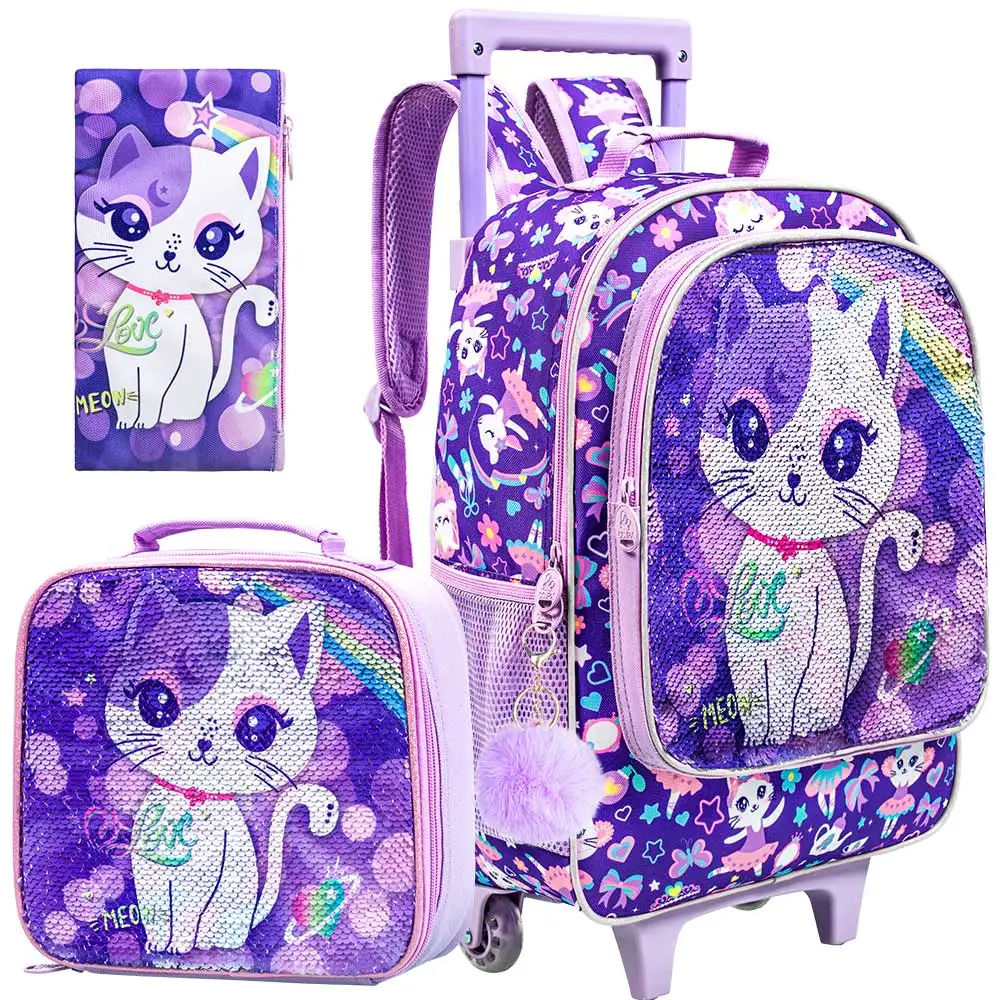 女の子用3ピーススパンコールキャットローリングバックパック、子供用ホイール付きスクールバッグセット（ランチボックス＆ペンシルケース付き）