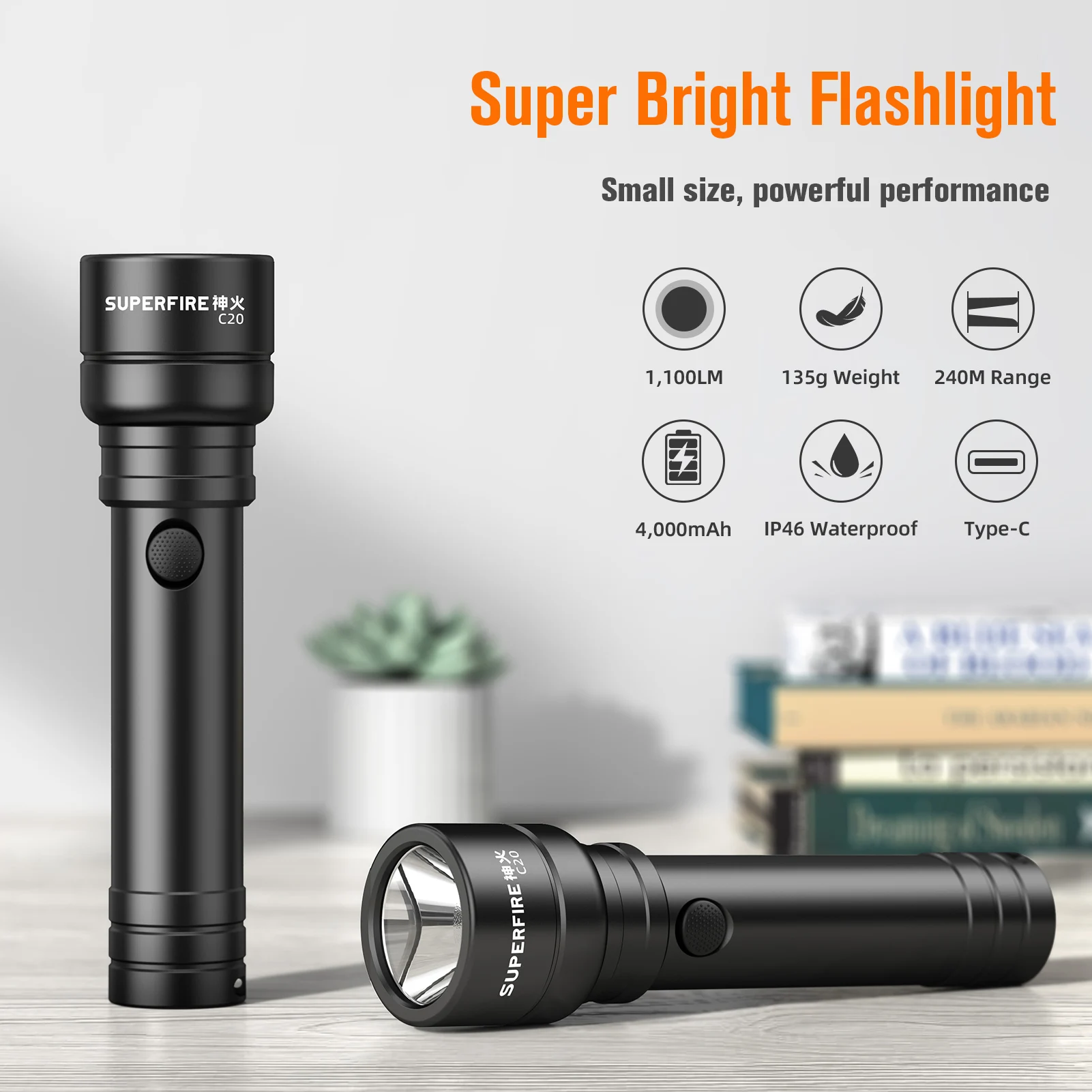 SUPERFIRE C20 15W LED Rechargeable Torch Super Bright Mini Flashlight Portable Type-C Aluminum Alloy Outdoor Camping Light