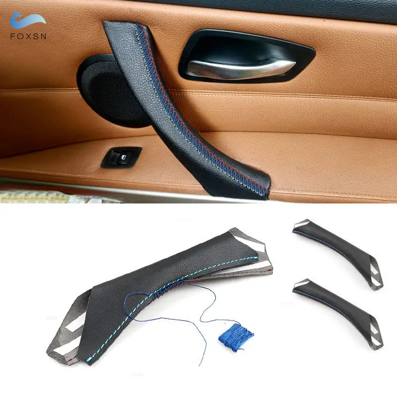 

For BMW 3 Series E90 E91 3pcs LHD/RHD Microfiber Leather Car Interior Door Handle Panel Pull Cover Trim Black with red blue line