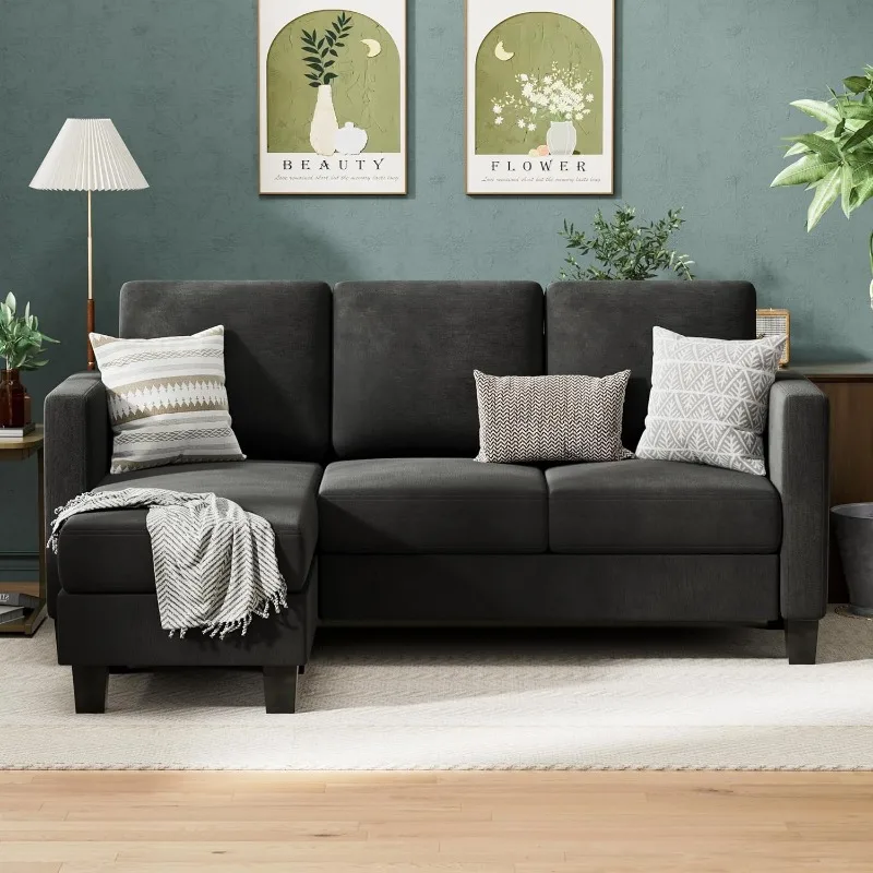 Sectional Sofa Couch, 3 seat L-Shaped Small Sofa with Movable Ottoman Couch for Small Apartments, Living Rooms