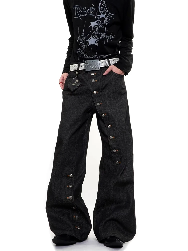 Women's Long Buckle Design Black Jeans Retro Bottoms Women Casual Pants Unisex High Waisted Sweatpants Female Wide Leg Trousers