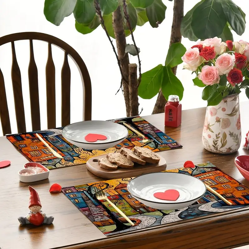 VIKAMA Fantasy Town Dining Table Mat Van Gogh Style Village Print Heat Resistant For Kitchen Cafe Home Table Decor