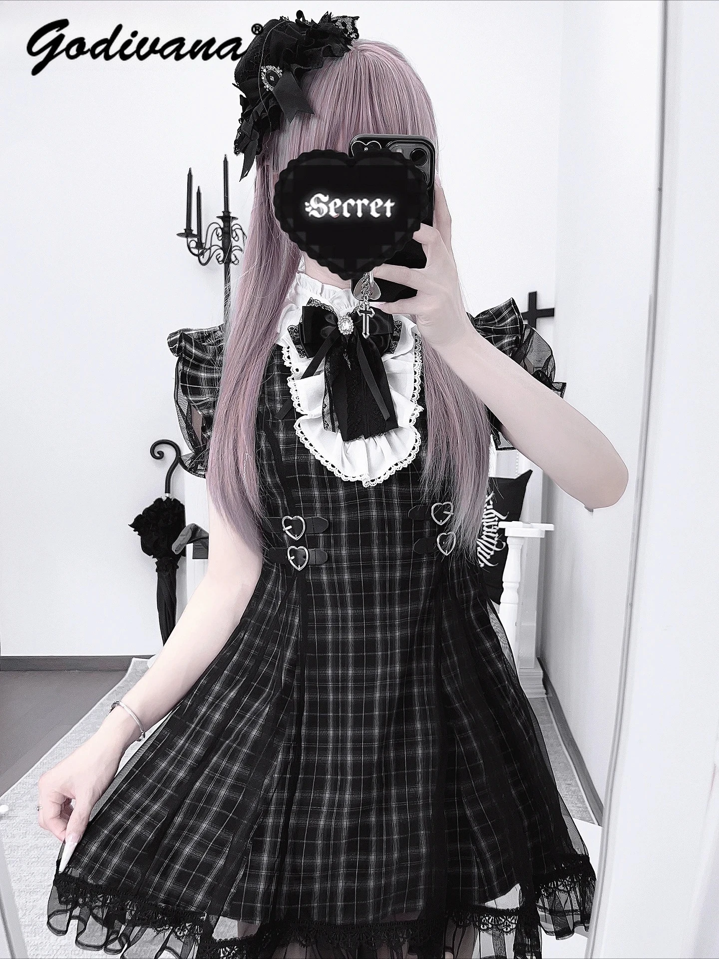 Original nueva subcultura niñas encaje empalmado manga corta ajustado vestido a cuadros mujeres lindo arco ajustado Jk vestidos cortos