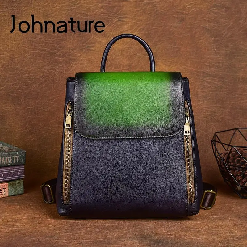 

Johnature Vintage Genuine Leather Backpack Women Bag Handmade Natural Cowhide Large Capacity Solid Color Travel Backpacks