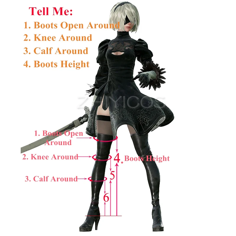 Novo jogo nier automata cosplay sapatos yorha 2b na altura do joelho couro do plutônio botas cosplay branco salto alto rendas tamanho 35-47