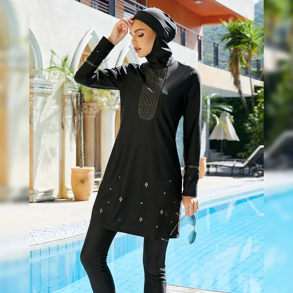 

Women Modest Black Muslim Swimsuit Full Coverage Swimwear Islamic Hijab Ladies 3 Piece Beachwear Swimming Swim Suit