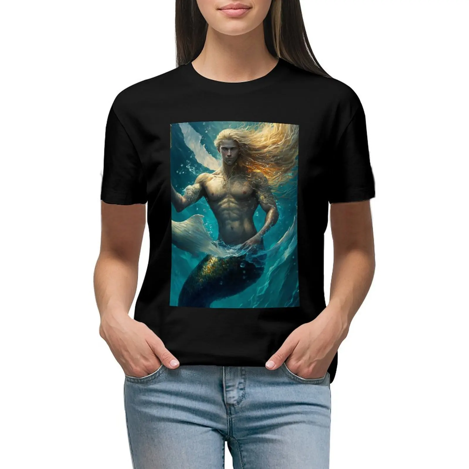 

Angelic Blue Eyed Merman with Golden Blonde Flowing Hair in Aqua Hues! T-shirt hippie clothes white t-shirts for Women