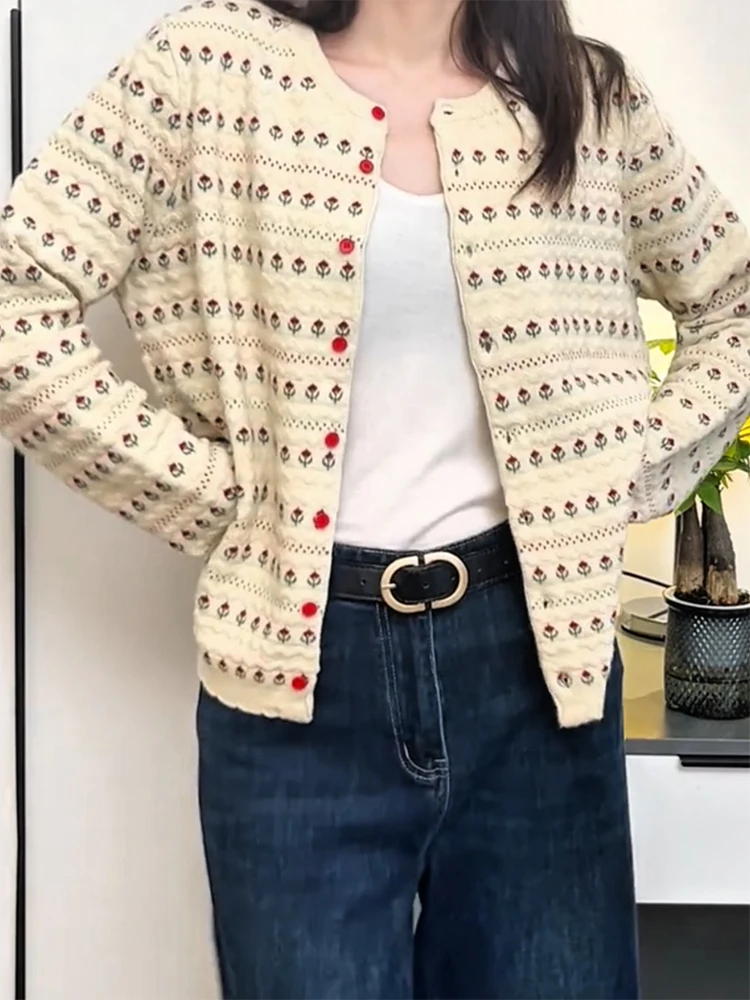 

Korean Sle Soft Floral Print round Ne Knitted Open Cardigan plus Size Versatile Warm Top for Autumn Winter Commute
