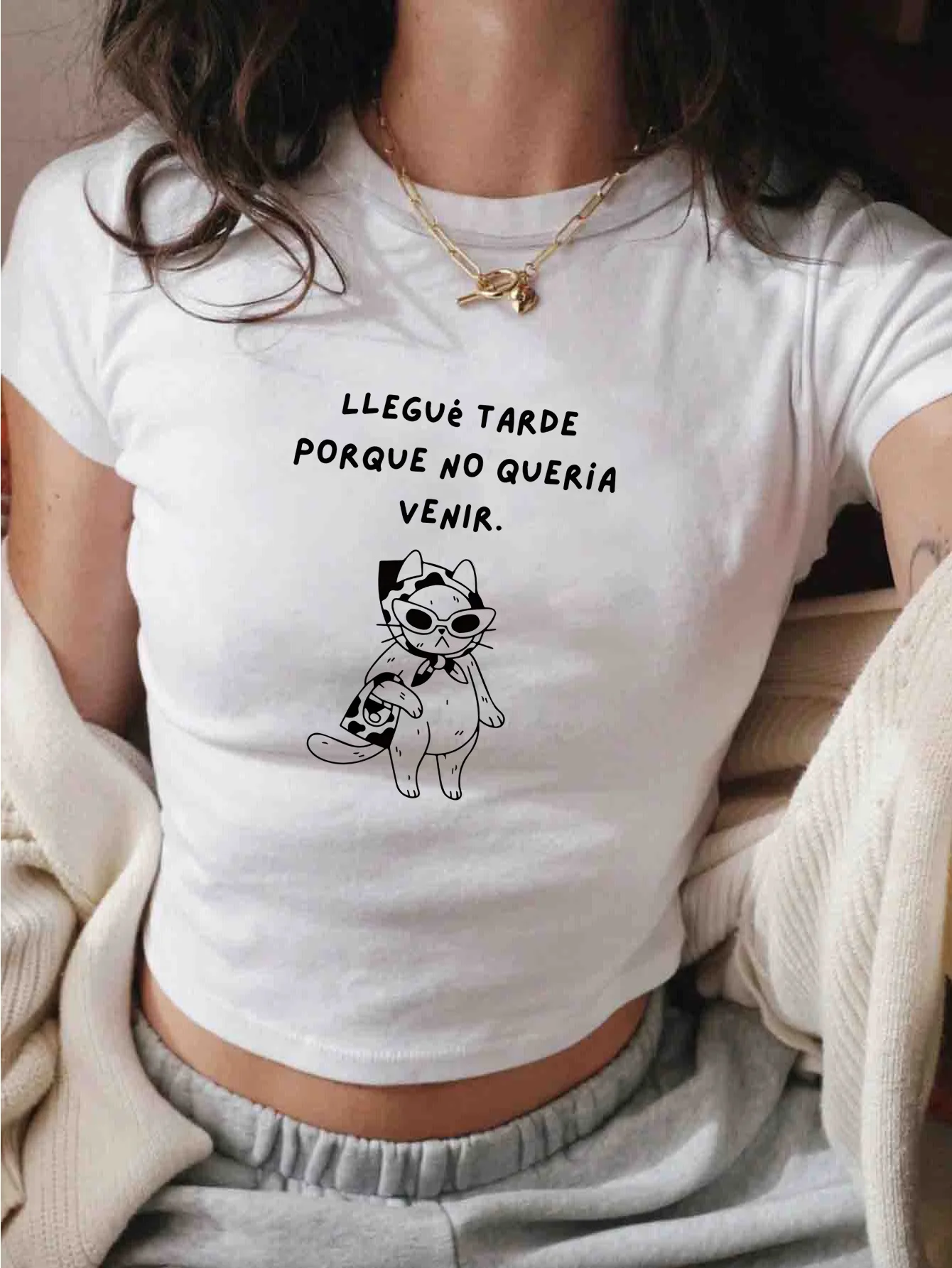 Late Cat Print Women's Inspiration T-Shirt Short Sleeve Round Neck Crop Tops Vintage Graphic Cropped T Shirt Clothes Female 90s