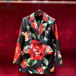 Double Breasted Blazers Jackets for Women , Print Elegant Loose Casual Long Coat, Korean Clothing, Female Tops, Spring Autumn