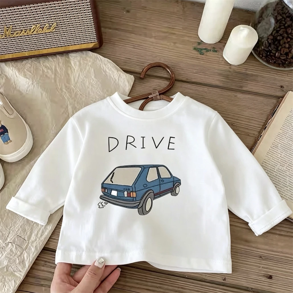 Little Car Print T Shirt White Gray Tees 1-7Age Child Fashion Casual Clothing Loose Casual Sports Wear Kids Long-sleeved Tops